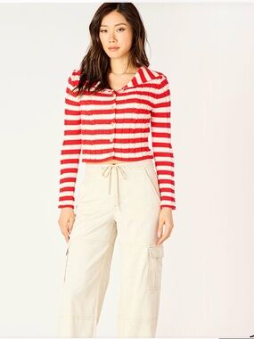 Striped Red & White Sailor Collar  Cardigan with Gold Buttons